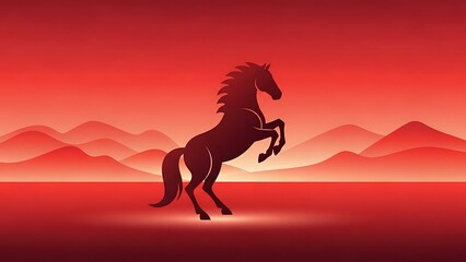 Dynamic Rearing Horse Silhouette against Fiery Red Background Vector Graphic Chinese Zodiac Symbol