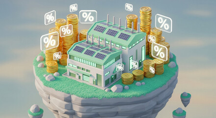 A 3D illustration of a green building on a cliff with solar panels and coins