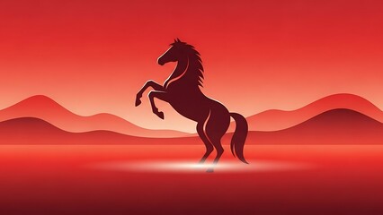 Rearing Horse Silhouette Design Red Gradient Landscape Chinese New Year Celebration Art