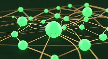 A 3D illustration of a network of connected green nodes and gold lines