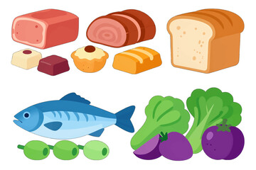 Fototapeta premium Colorful illustration of bread, meat, fish, and vegetables