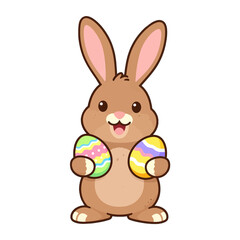 Obraz premium Cute brown rabbit holding colorful Easter eggs.