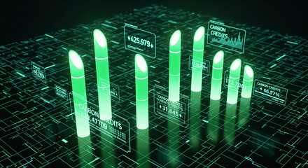 A futuristic digital graph displaying rising carbon credits with glowing green bars and data labels