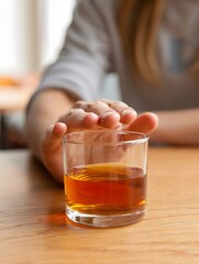 Hand Reaching for Glass of Whiskey on Wooden Table
