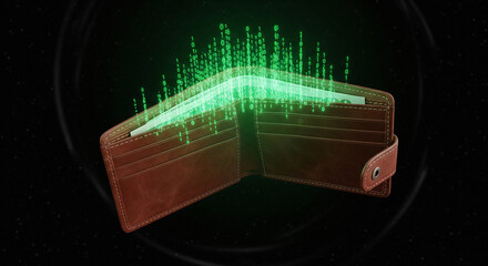 A brown leather wallet with green digital data rising from it on a black background