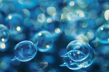 Transparent speech bubbles floating on a blurred blue background symbolize communication and social media