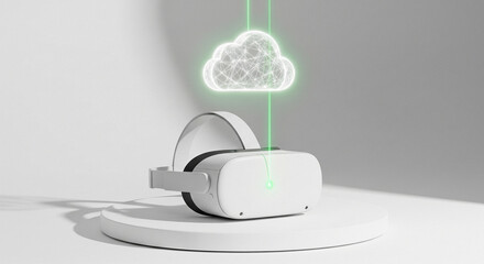 A white virtual reality headset on a round platform with a glowing cloud above