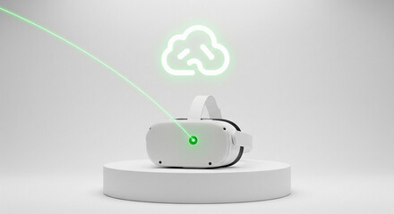 A white virtual reality headset on a pedestal with a green laser beam and cloud icon