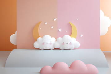 パステル調のふわふわ雲が広がる癒しの背景イラスト（3D）