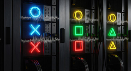 A close-up view of a server with illuminated gaming symbols on its front panel
