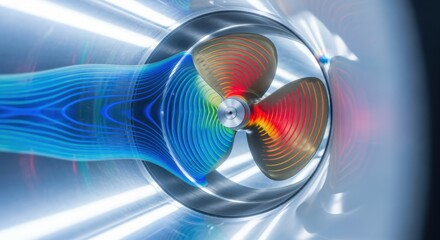 Crosssectional visualization of fluid velocity on shipping propeller blades tested within a cavitation tunnel for enhanced fuel performance.