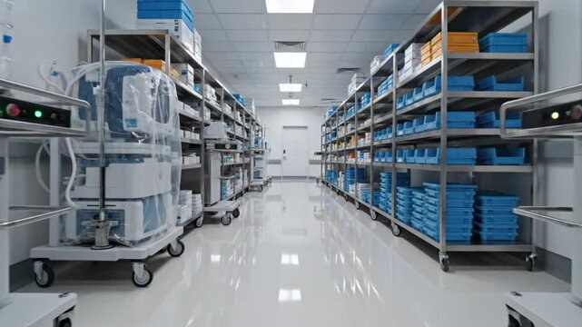 A well-lit hospital storage room with medical equipment and blue shelving units stocked with supplies on a shiny floor.