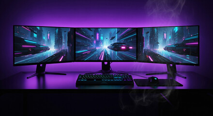 A modern gaming setup with three monitors and a keyboard on a desk