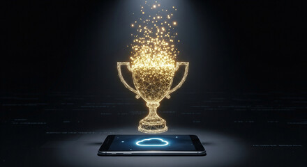 A golden trophy emerging from a smartphone with a glowing blue screen