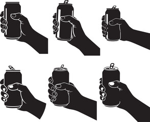 Set of Hand Holding Beverage Can Silhouette, Black and White Vector Illustration