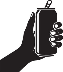 Hand Holding Beverage Can Silhouette, Black and White Vector Illustration