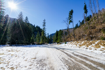 Icy path at Dolina Koscieliska valley in snow at beautiful Polish west Tatry mountains in winter