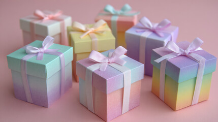 Obraz premium Pastel gift boxes with satin ribbons arranged on a soft pink background creating a dreamy and elegant celebration scene