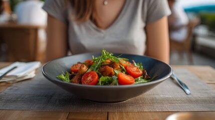 A close up of a vibrant healthy salad with cherry tomatoes and greens served in a bowl on a table with a blurred person in the background