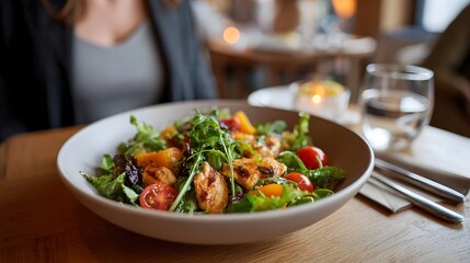 Fresh grilled chicken salad with tomatoes and oranges served in a bowl at a restaurant