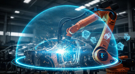 A robotic arm welds a car body in a futuristic factory with a blue protective shield