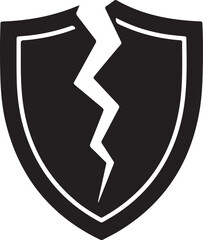 Broken Shield with Cracks Silhouette, Shattered Defense and Security Black and White Vector Illustration