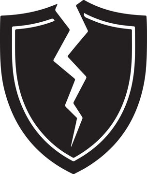 Broken Shield with Cracks Silhouette, Shattered Defense and Security Black and White Vector Illustration