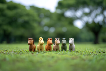 草原を走るカラフルな木工シマウマたちの癒し風景（3D）
