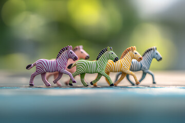 草原を走るカラフルな木工シマウマたちの癒し風景（3D）
