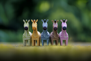 草原を走るカラフルな木工シマウマたちの癒し風景（3D）
