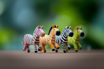 草原を走るカラフルな木工シマウマたちの癒し風景（3D）
