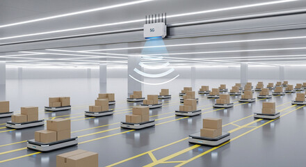 A large warehouse with numerous cardboard boxes on automated guided vehicles and a wireless router on the ceiling.