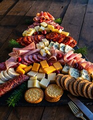 Festive Christmas Tree Shaped Charcuterie Board with Gourmet Meats Cheeses and Crackers on Rustic Wooden Background