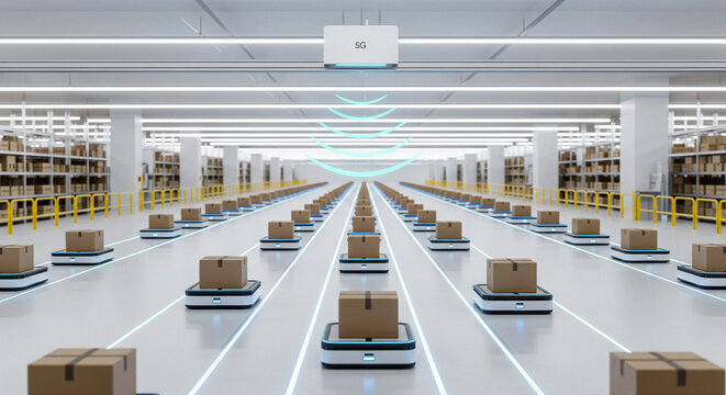 A futuristic warehouse with automated robots transporting cardboard boxes on conveyor belts - Powered by Adobe