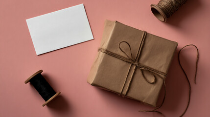 Photo of a cardboard box with tape and a blank card on a pink background, in a flat lay style.