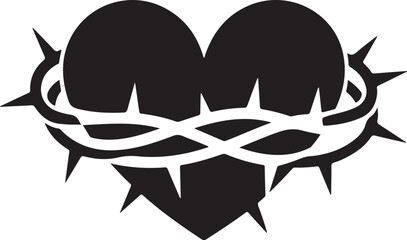 Heart Wrapped in Thorny Crown Silhouette, Pain and Love Black and White Vector Illustration