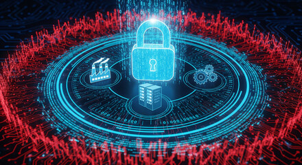 A glowing blue padlock secures digital information in a futuristic cybersecurity concept