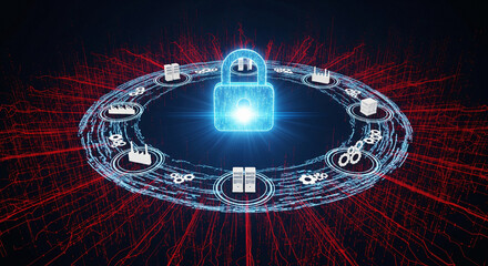 A glowing blue padlock surrounded by a circle of white icons on a dark background with red lines