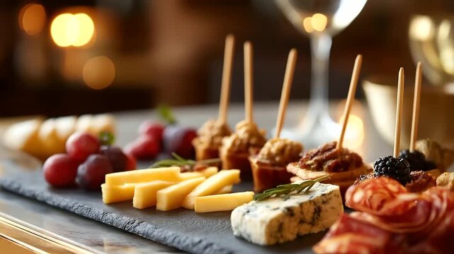 Appetizer platter with elegant presentation, New Year party food spread, festive entertaining menu, celebration catering display, gourmet holiday bites, with copy space