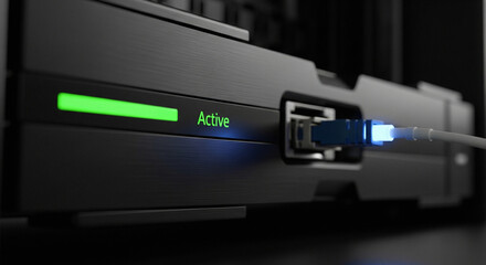 A close-up view of a network device with an active green light indicator