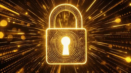 Digital security padlock icon with illuminated keyhole emitting dynamic golden light rays across a futuristic data network grid for cyber protection - Powered by Adobe