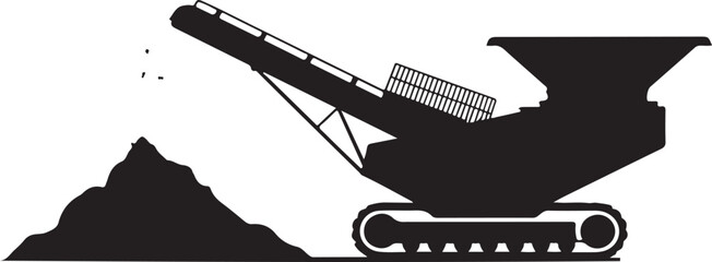 Industrial Rock Crusher Machine with Conveyor Belt Silhouette, Black and White Vector Illustration