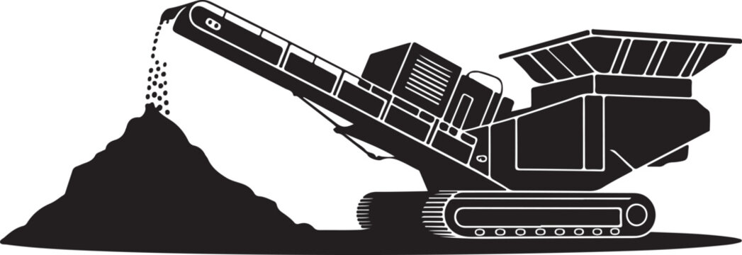 Industrial Rock Crusher Machine with Conveyor Belt Silhouette, Black and White Vector Illustration