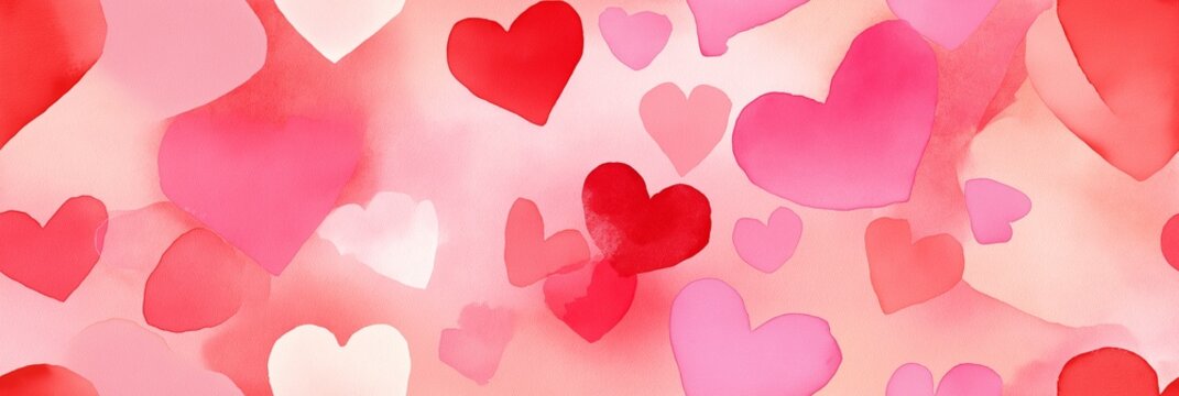 Seamless watercolor heart pattern for Valentine's Day love. Watercolor hearts creating a seamless pattern in shades of pink and red on a white background - Powered by Adobe