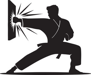 Martial Artist Breaking Wooden Board with Karate Punch Silhouette, Black and White Vector Illustration