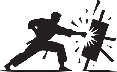 Martial Artist Breaking Wooden Board with Karate Punch Silhouette, Black and White Vector Illustration