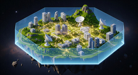 A futuristic cityscape enclosed in a transparent hexagonal shield in space