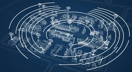 A futuristic illustration of a city with wireless connectivity and network signals