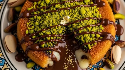 Traditional Cheese Kunafa Topped with Pistachio Crumble and Rich Chocolate Drizzle