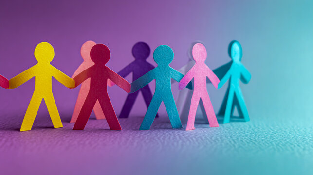 Photo of a group of paper people holding hands on a pastel background, symbolizing unity and diversity in community work